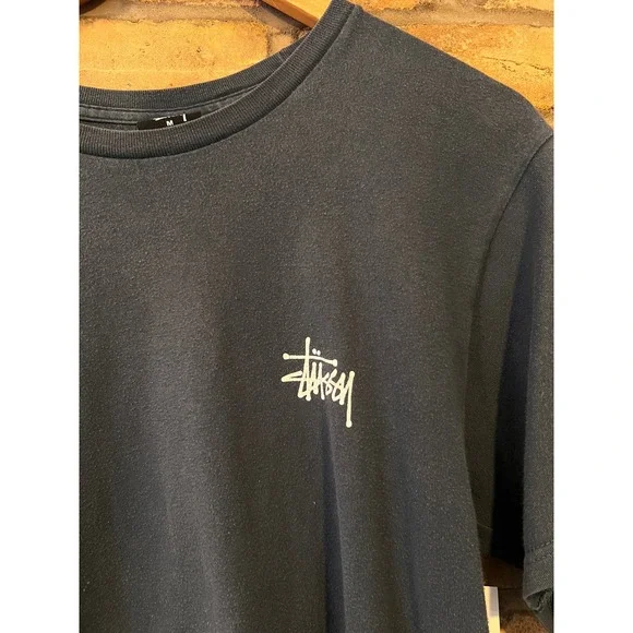 Stussy Graphic Logo T-Shirt Mens Medium Navy Blue Distressed Thrashed Streetwear - Picture 3 of 4